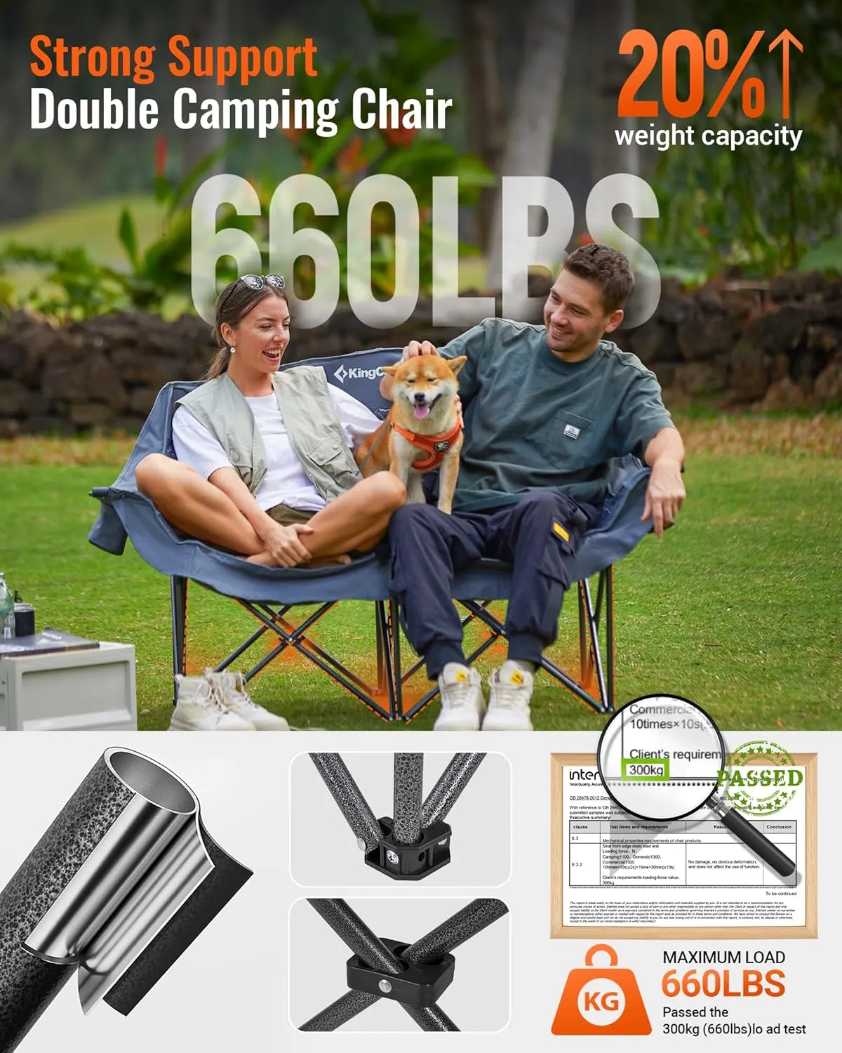 KingCamp Double Camping Chair, Oversized Heavy Duty Loveseat for Adults Portable Folding XL 2 Person Couch Padded Comfortable Two Seat with Cup Holder for Outdoor Lawn Backyard