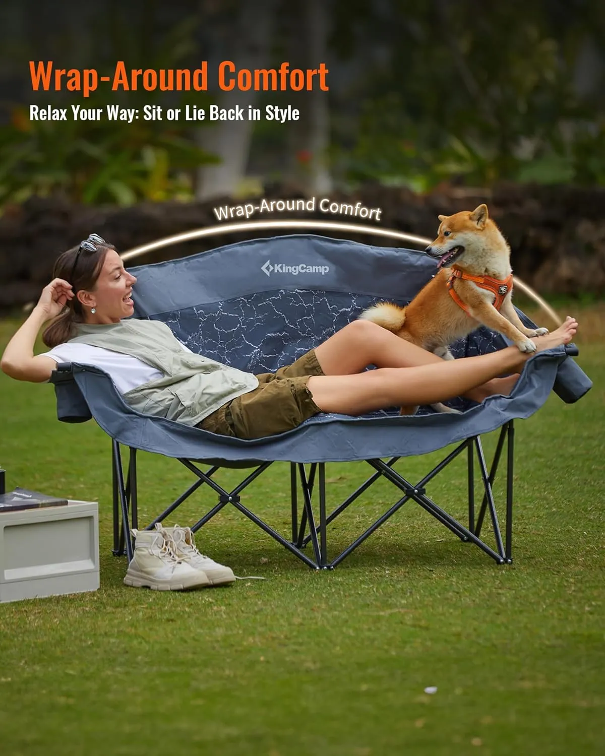 KingCamp Double Camping Chair, Oversized Heavy Duty Loveseat for Adults Portable Folding XL 2 Person Couch Padded Comfortable Two Seat with Cup Holder for Outdoor Lawn Backyard