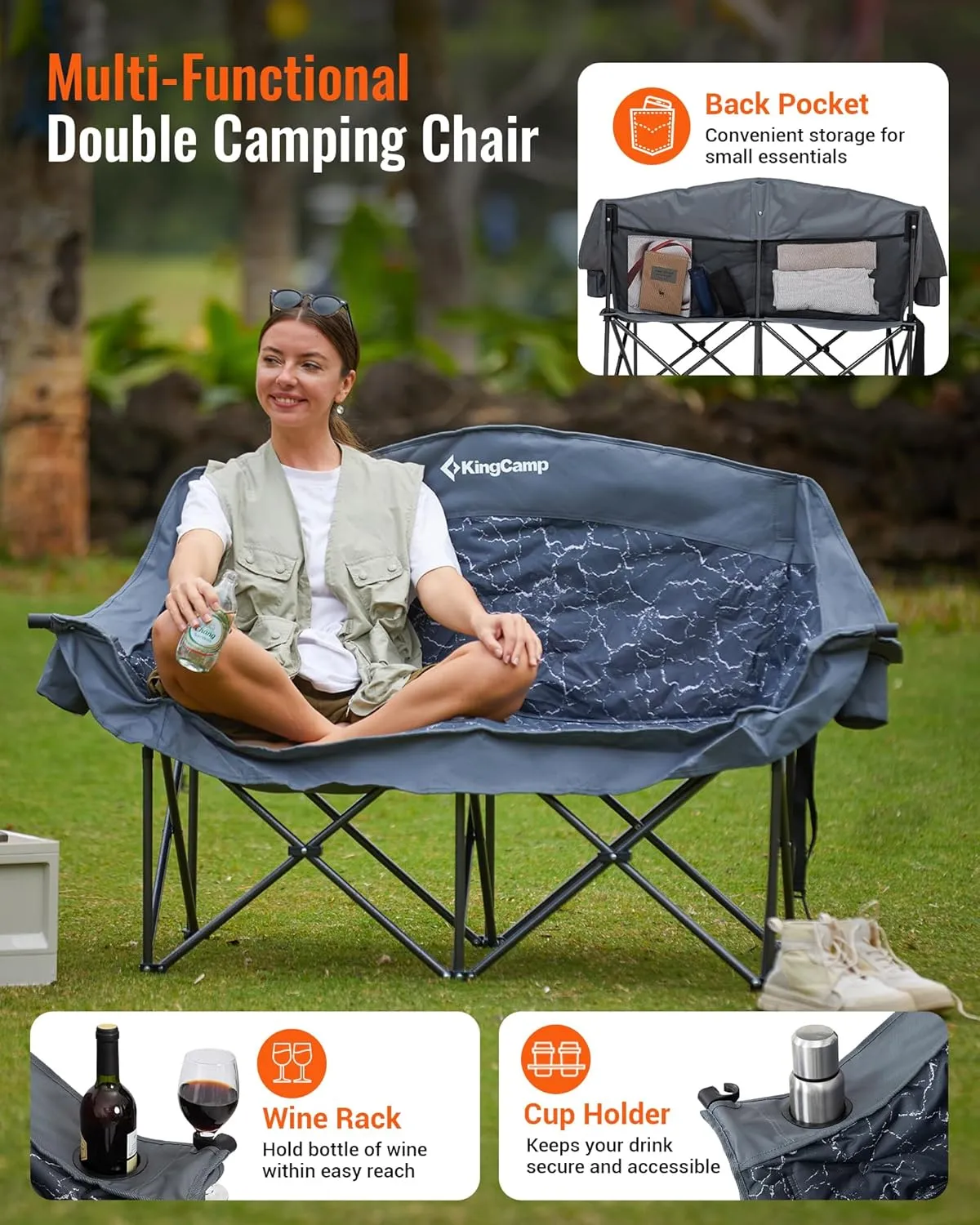 KingCamp Double Camping Chair, Oversized Heavy Duty Loveseat for Adults Portable Folding XL 2 Person Couch Padded Comfortable Two Seat with Cup Holder for Outdoor Lawn Backyard