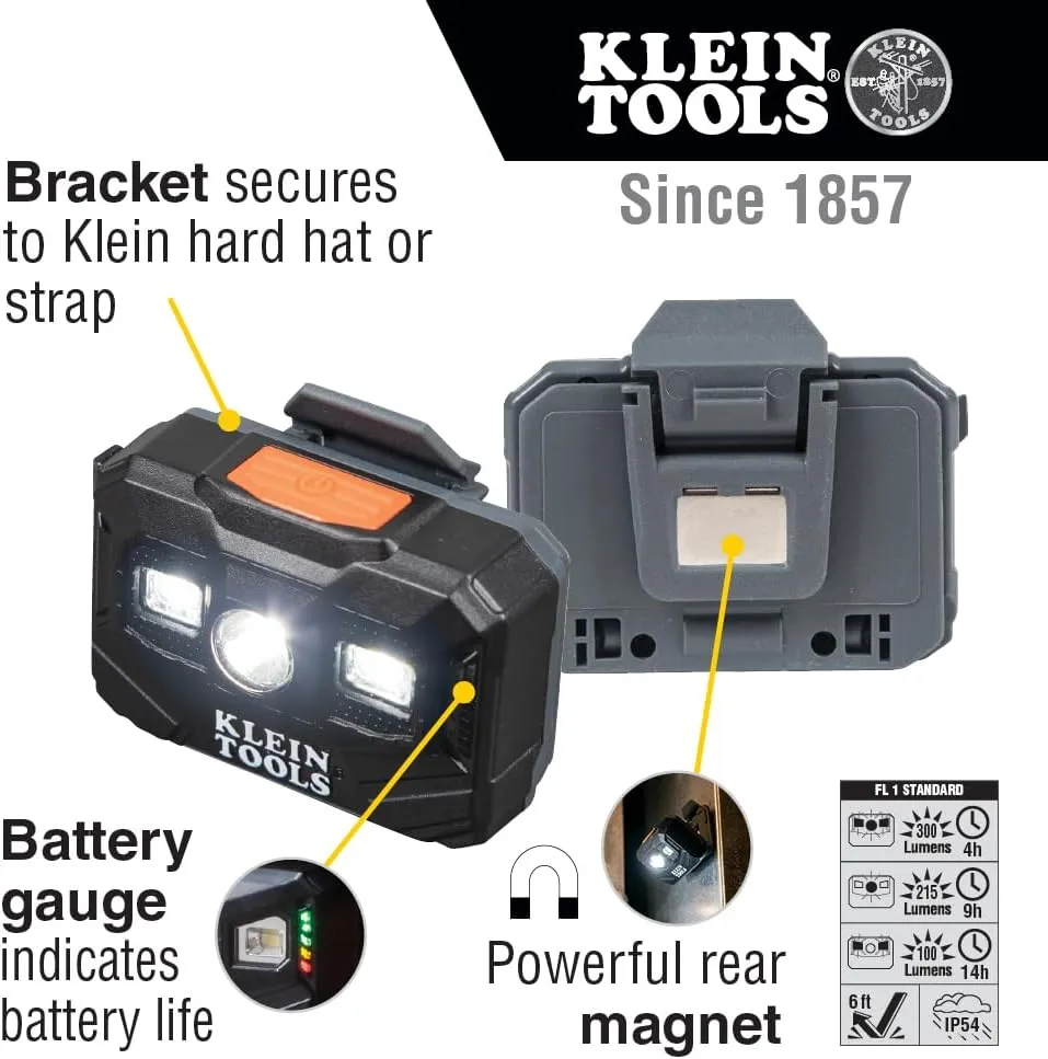 Klein Tools 56062 Rechargeable LED Headlamp / Worklight for Klein Hardhats, 300 Lumens, All-Day Runtime, 3 Modes, for Work and Outdoors