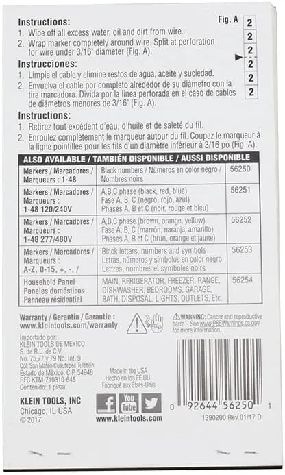 Klein Tools 56250 Wire Marker Book for Cable Management, Electric Panel Organization Wire Label Stickers, Numbered 1-48