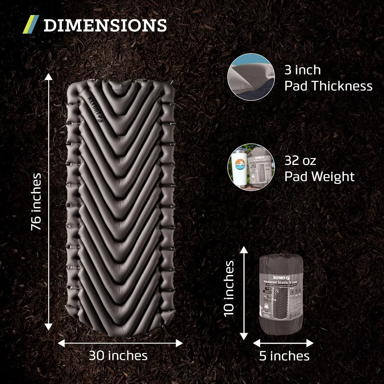 Klymit Static V Luxe Sleeping Pad, Lightweight Lofted Camping Air Mattress for Tents and Cars with Body Mapping Tech, 3 In Thick Grey