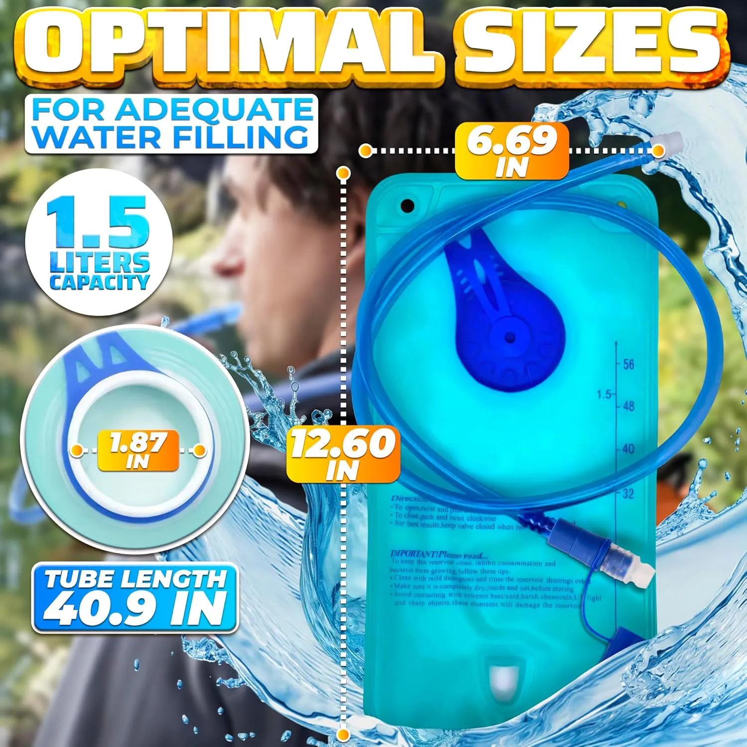 Leak Proof Hydration Bladder - Blue Water Pouch for Hiking & Camping
