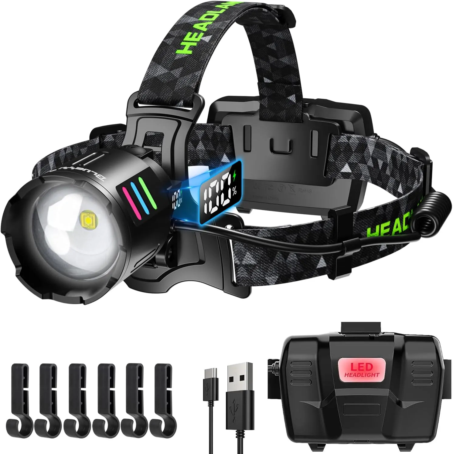Led Rechargeable Headlamp, Bright Head Lamps, 90 Adjustable Zoom Forehead Headlight, USB Charging & 3 Modes Head Lights, Headlamps for Fishing, Camping, Cycling & Hiking