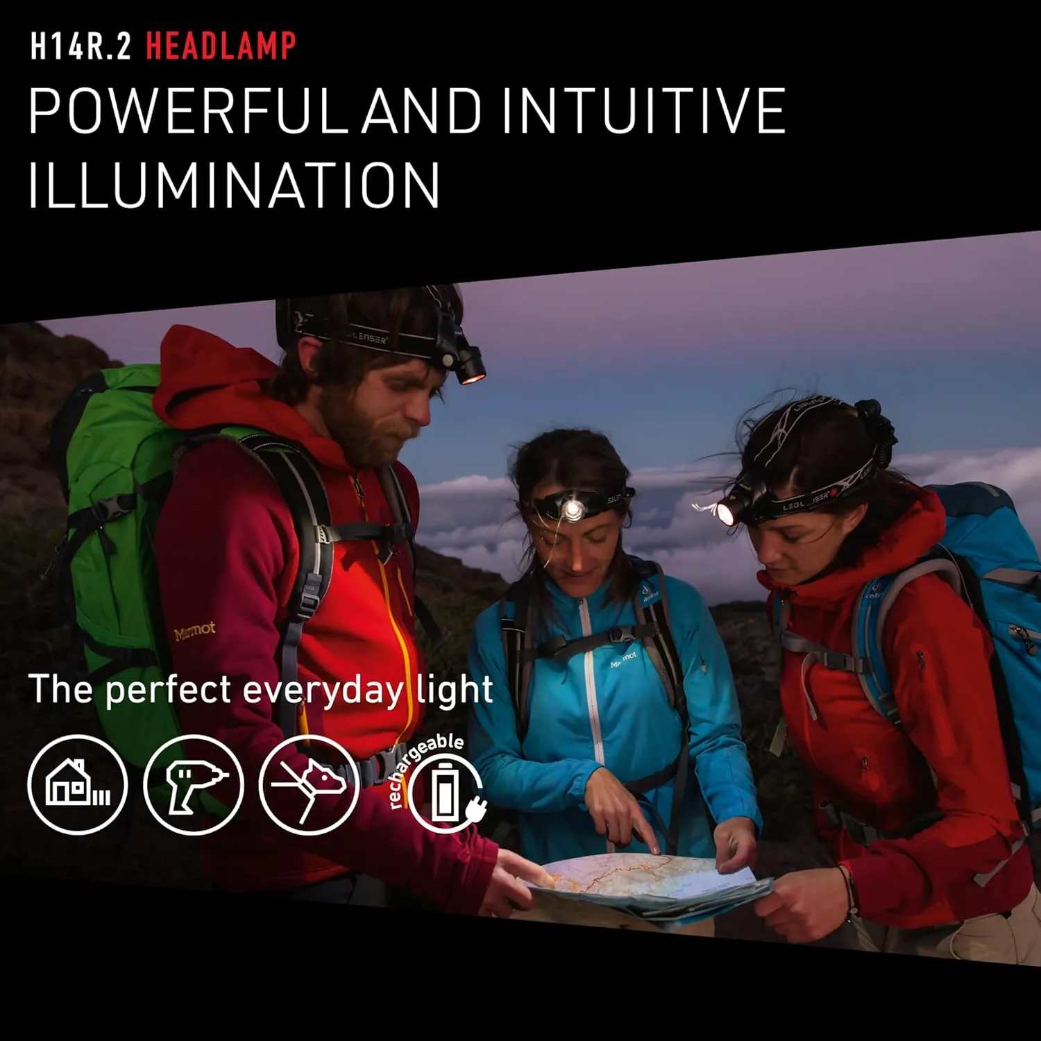 Ledlenser, H14R.2 Rechargeable Headlamp, High Power LED, 1000 Lumens, Hands-Free Light for Everyday and Outdoor Use, Hunting, Fishing, Hiking, Tactical, Black