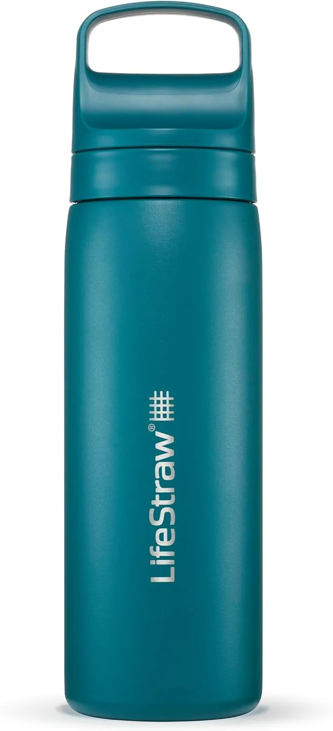 LifeStraw Go Series  Insulated Stainless Steel Water Filter Bottle for Travel and Everyday Use, Removes Bacteria, Parasites and Microplastics, Improves Taste, 18oz Laguna Teal
