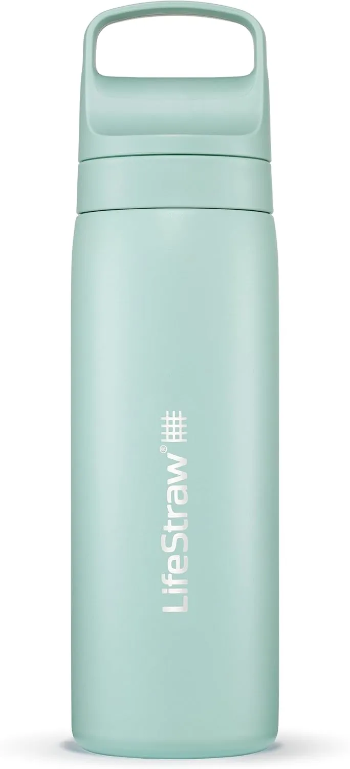 LifeStraw Go Series  Insulated Stainless Steel Water Filter Bottle for Travel and Everyday Use, Removes Bacteria, Parasites and Microplastics, Improves Taste, 18oz Seafoam