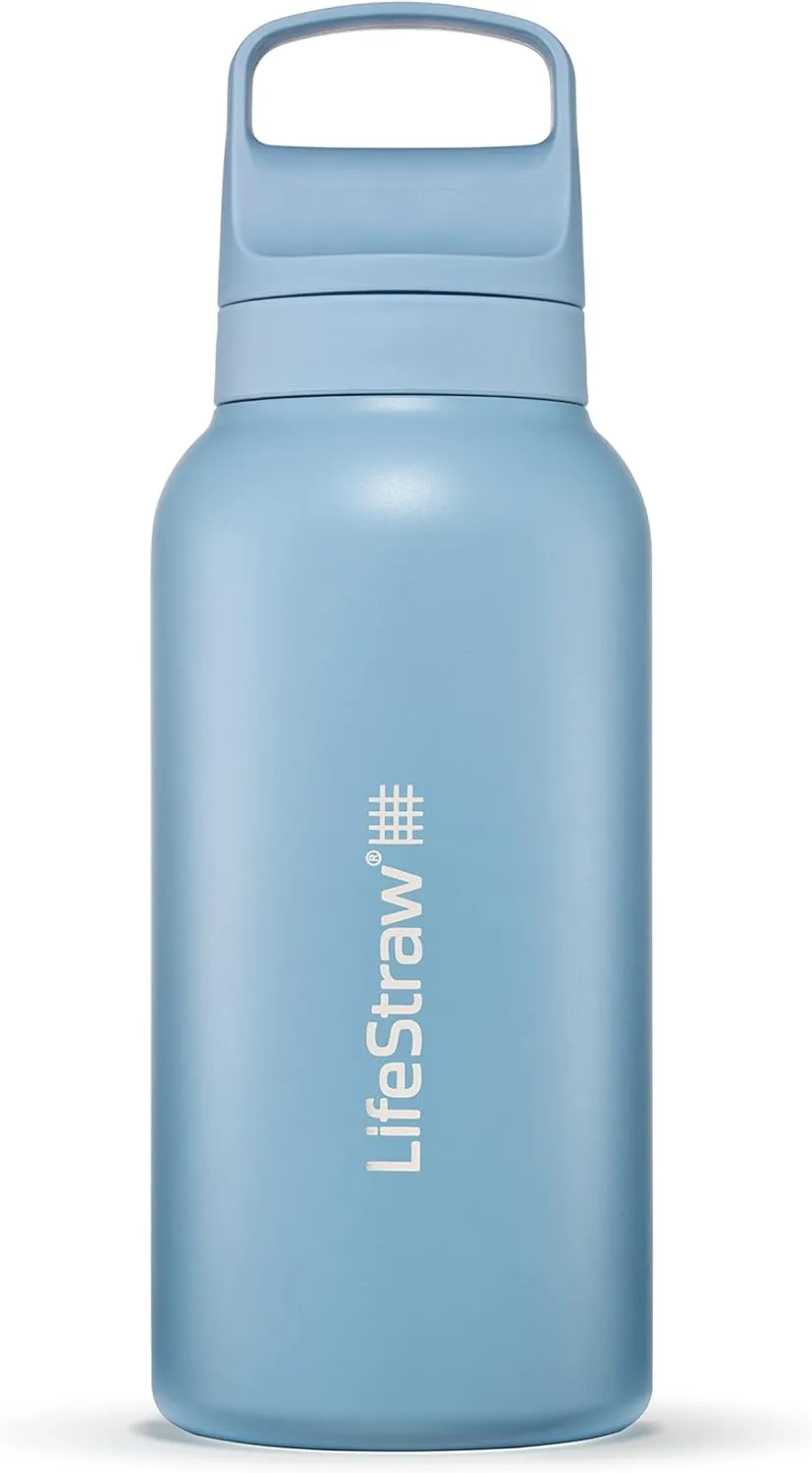LifeStraw Go Series  Insulated Stainless Steel Water Filter Bottle for Travel and Everyday Use Removes Bacteria, Parasites and Microplastics, Improves Taste, 1L Icelandic Blue