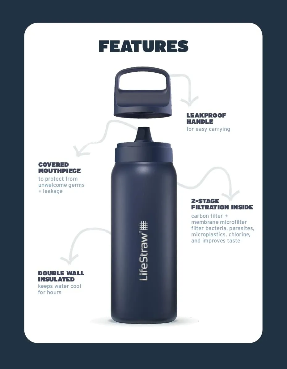 LifeStraw Go Series  Insulated Stainless Steel Water Filter Bottle for Travel and Everyday Use Removes Bacteria, Parasites and Microplastics, Improves Taste, 1L Kyoto Orange
