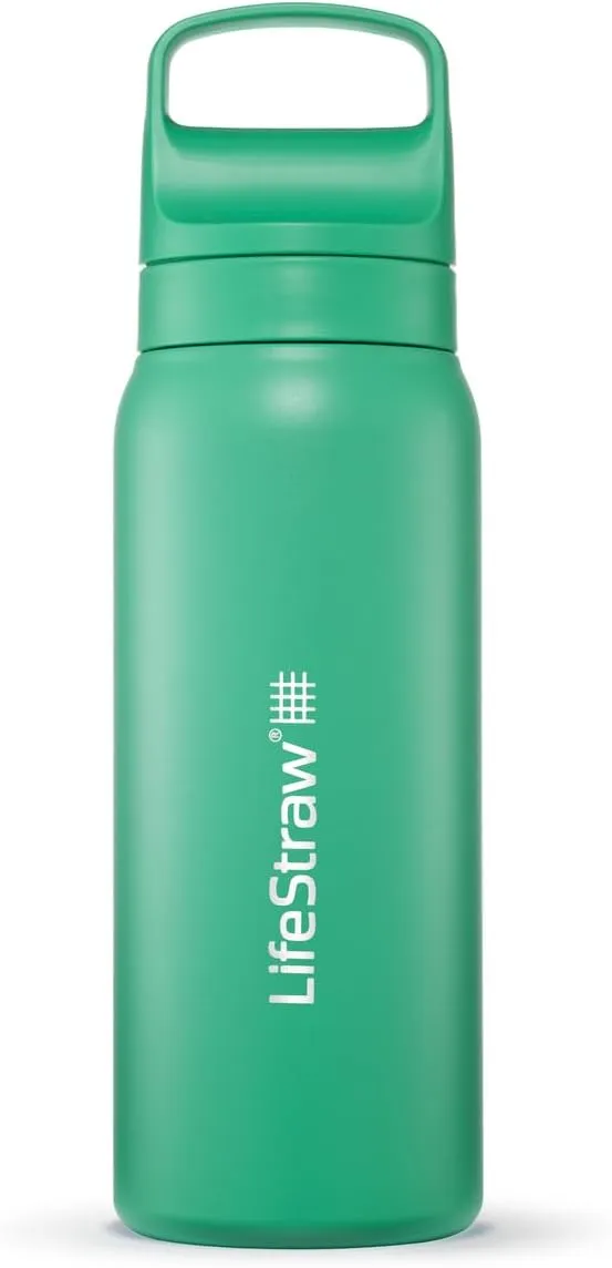 LifeStraw Go Series  Insulated Stainless Steel Water Filter Bottle for Travel and Everyday Use, Removes Bacteria, Parasites and Microplastics, Improves Taste, 24oz Cactus Green