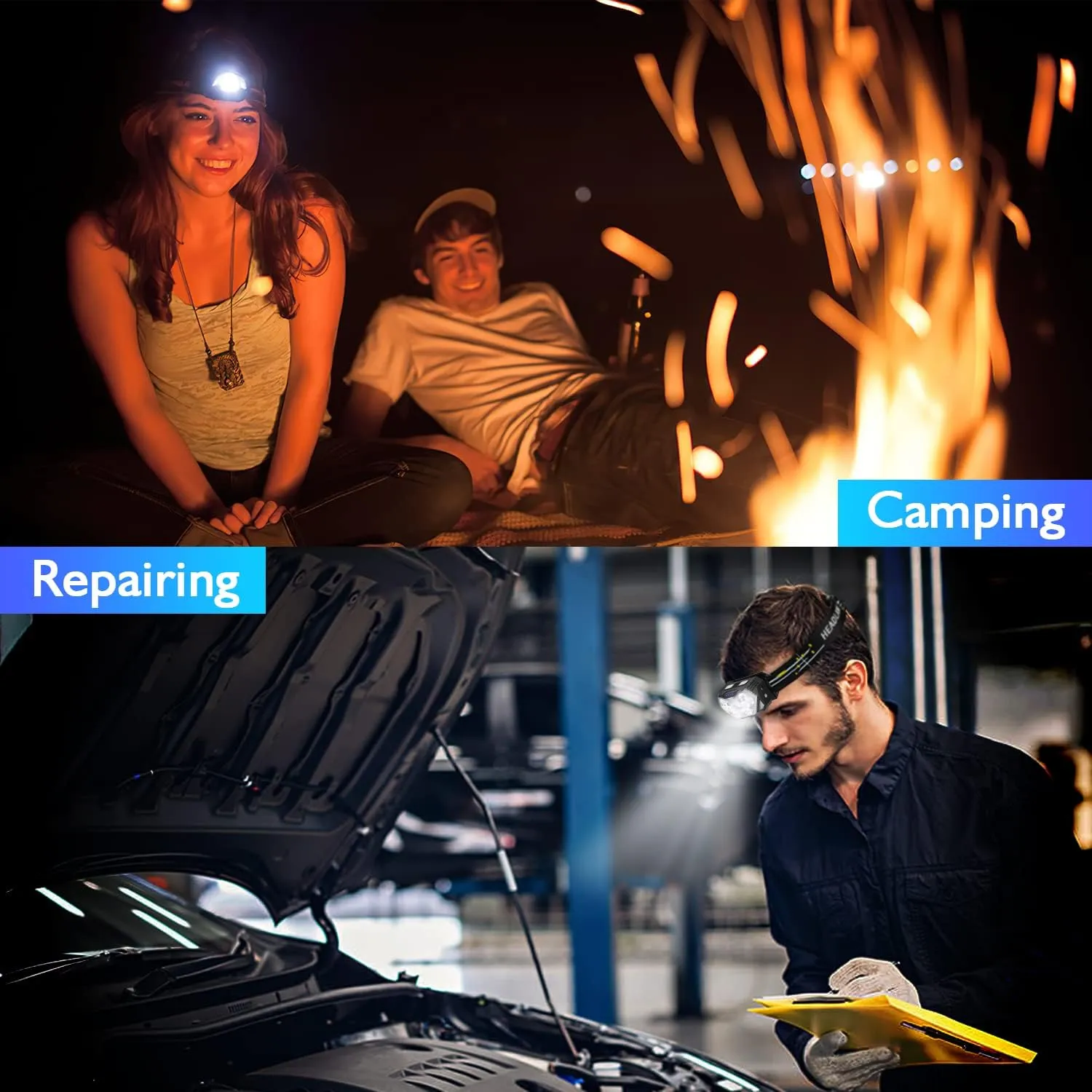 Lsnisni 9 LED Rechargeable Headlamp 2 Pack, 2000 Lumen Super Bright 10 Modes Motion Sensor Head Lamp with White Red Light, Waterproof Headlight Flashlight with USB C Cable for Camping Hiking Fishing