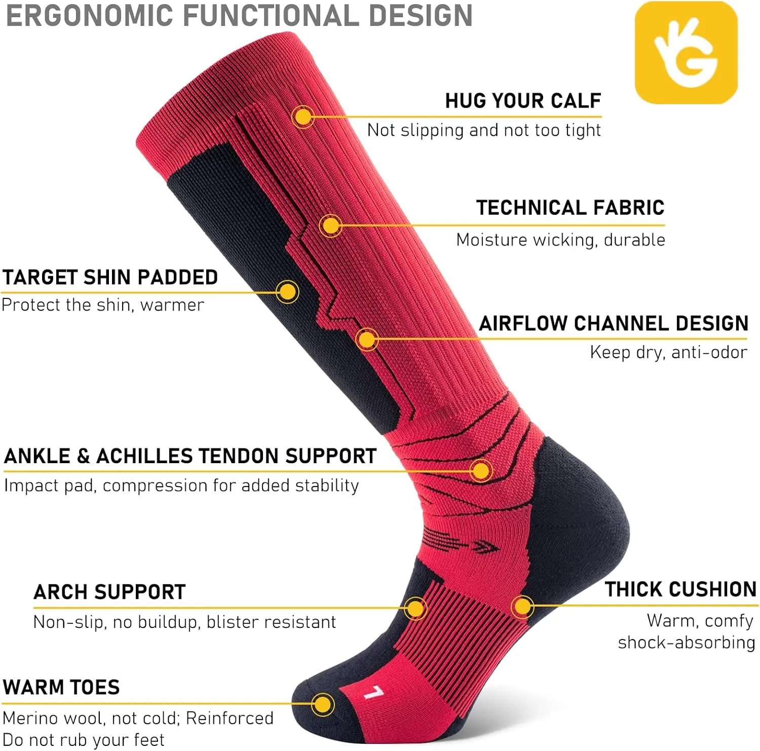 Merino Wool Ski Socks 3 Pack for Skiing, Snowboarding, Winter Thermal