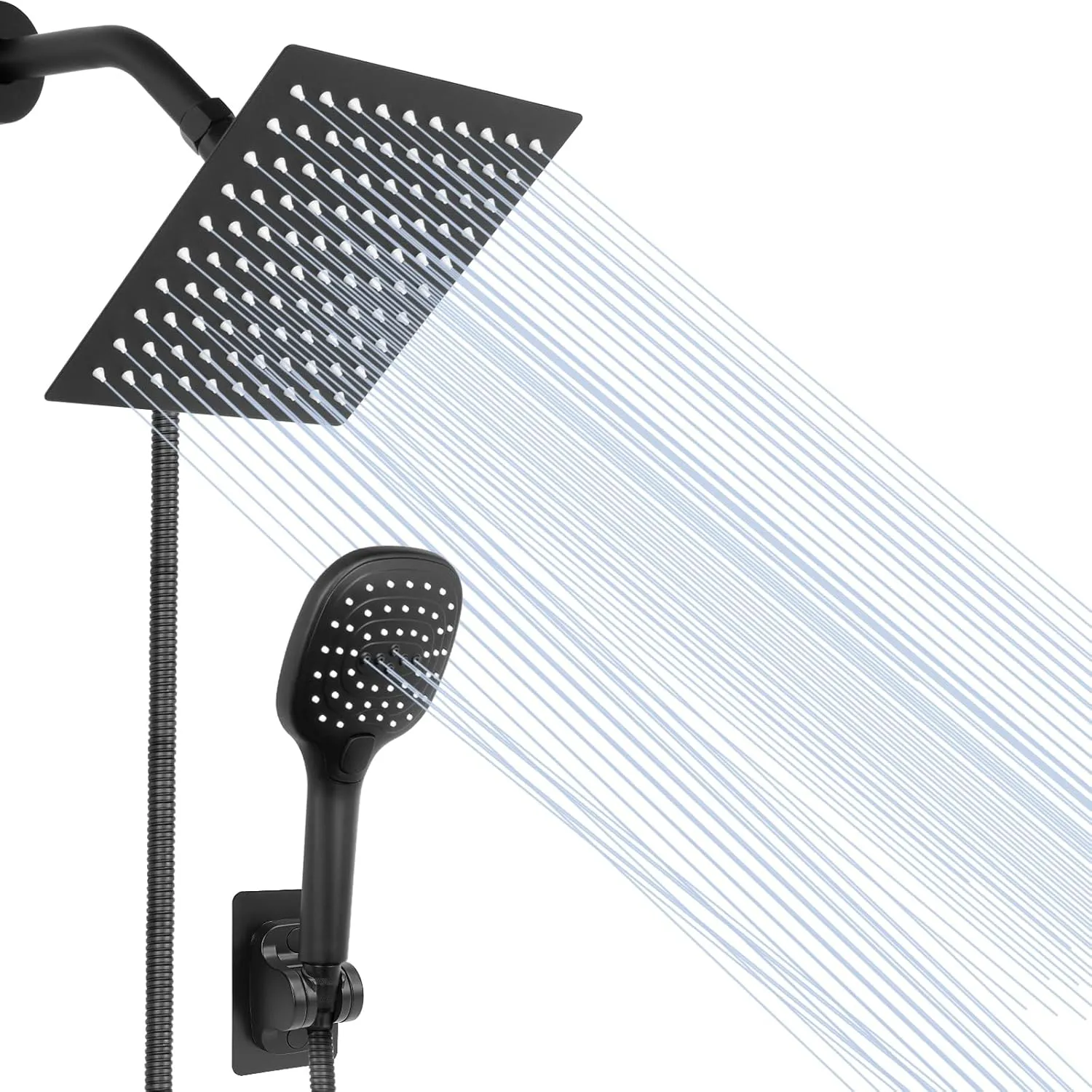 NearMoon Shower Head with Hose, High Pressure Stainless Steel Rain Shower and 3 Settings Handheld Spray Combo with Push Button Flow Control (8 Inch Showerhead Set, Matte Black)