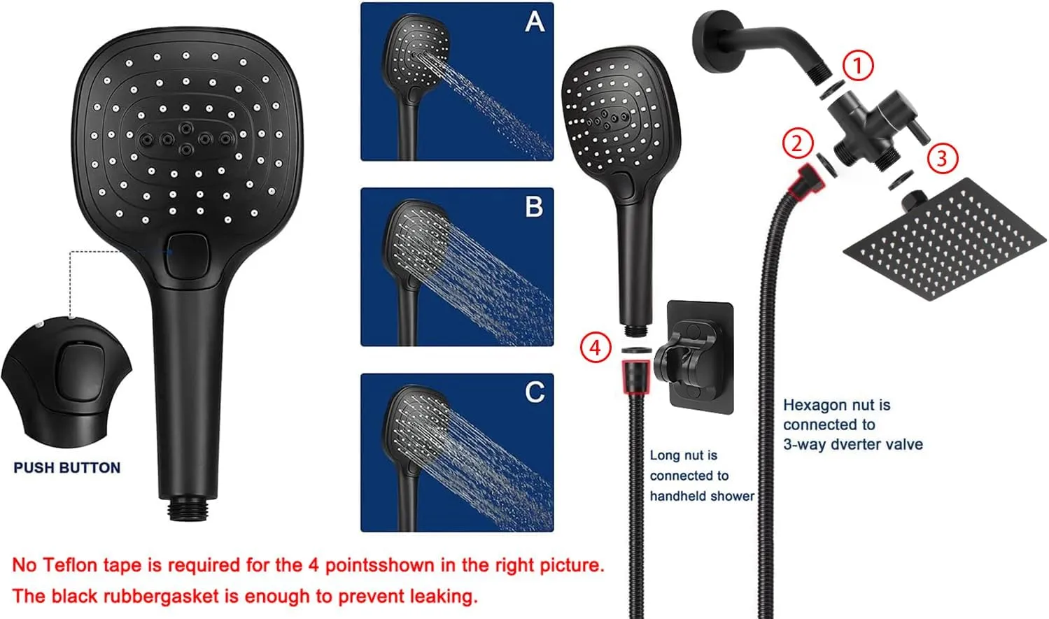 NearMoon Shower Head with Hose, High Pressure Stainless Steel Rain Shower and 3 Settings Handheld Spray Combo with Push Button Flow Control (8 Inch Showerhead Set, Matte Black)