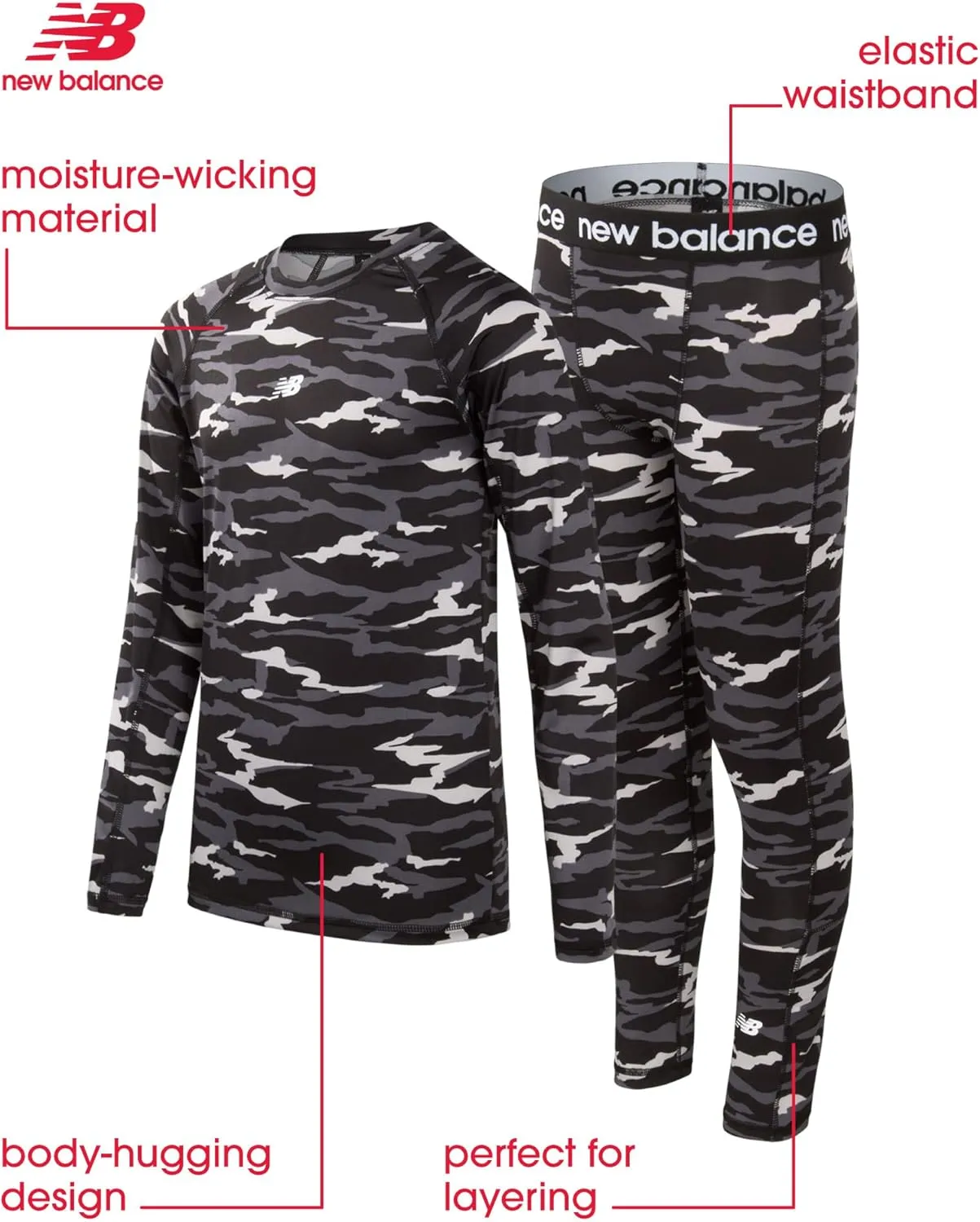 New Balance Boys' Performance Underwear Set - Base Layer Long Sleeve T-Shirt and Tights