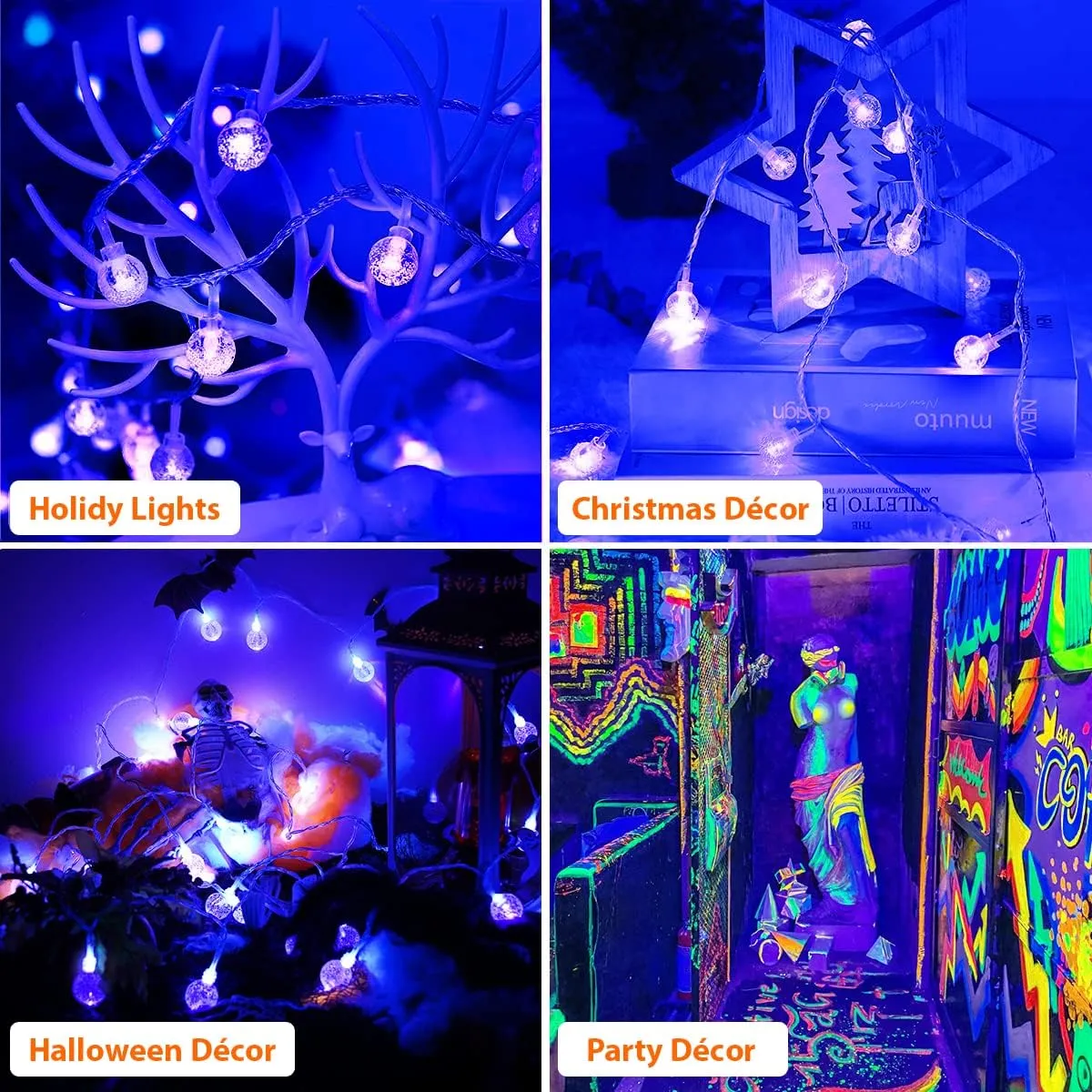 OMIKA 15FT 30 LED Black Light Battery Operated, UV Black Christmas Lights String, Twinkle Fairy Lights with Remote, Blacklight for Halloween Bedroom Glow Party Body Paint Fluorescent Tapestry Decor
