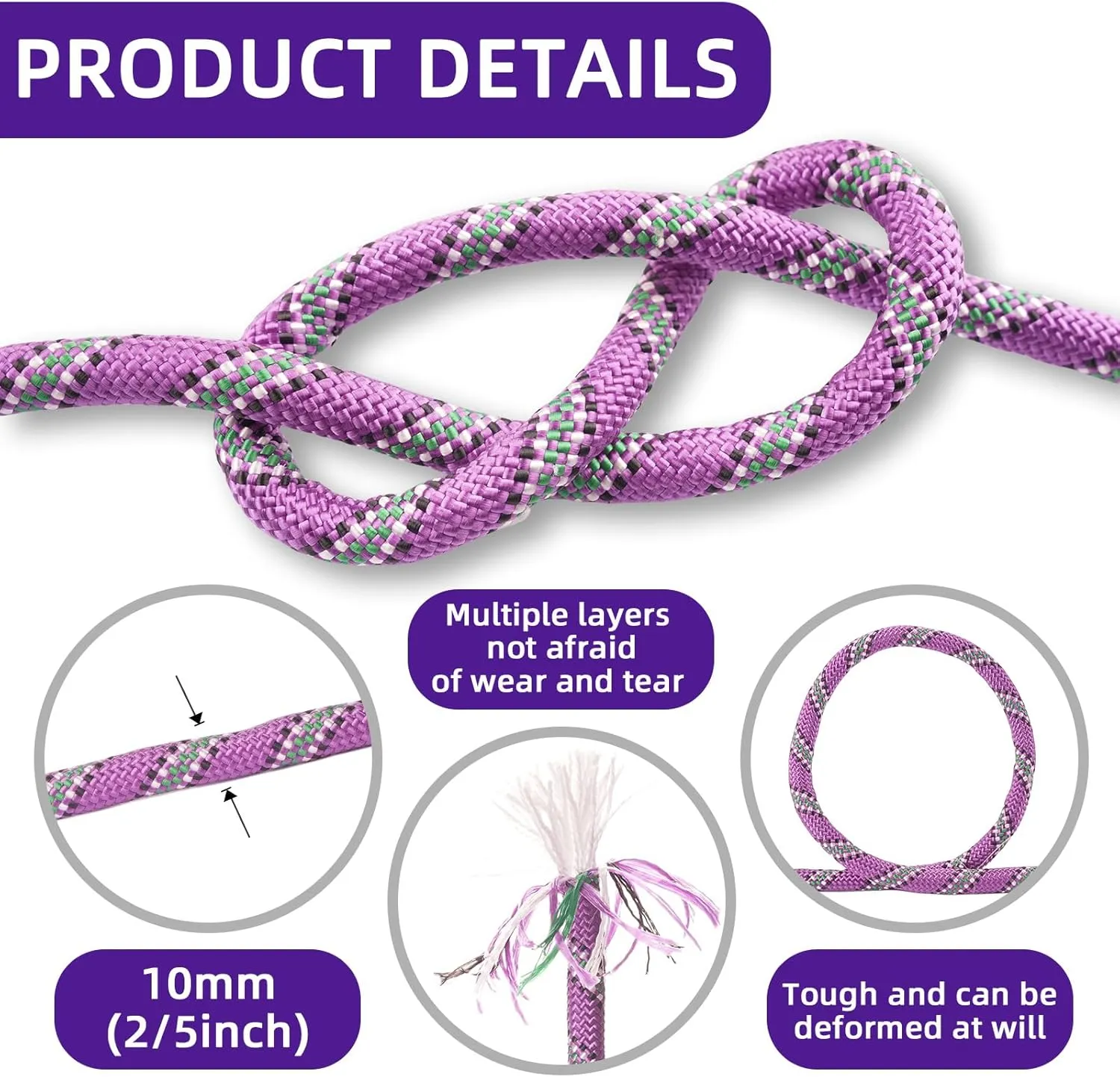 Outdoor Static Climbing Rope for Adults - High Strength Rope for Rock Climbing, Tree Climbing, Hiking, Arborist, Rescue & Camping - Purple(10m/32ft, 20m/64ft, 30m/96ft)