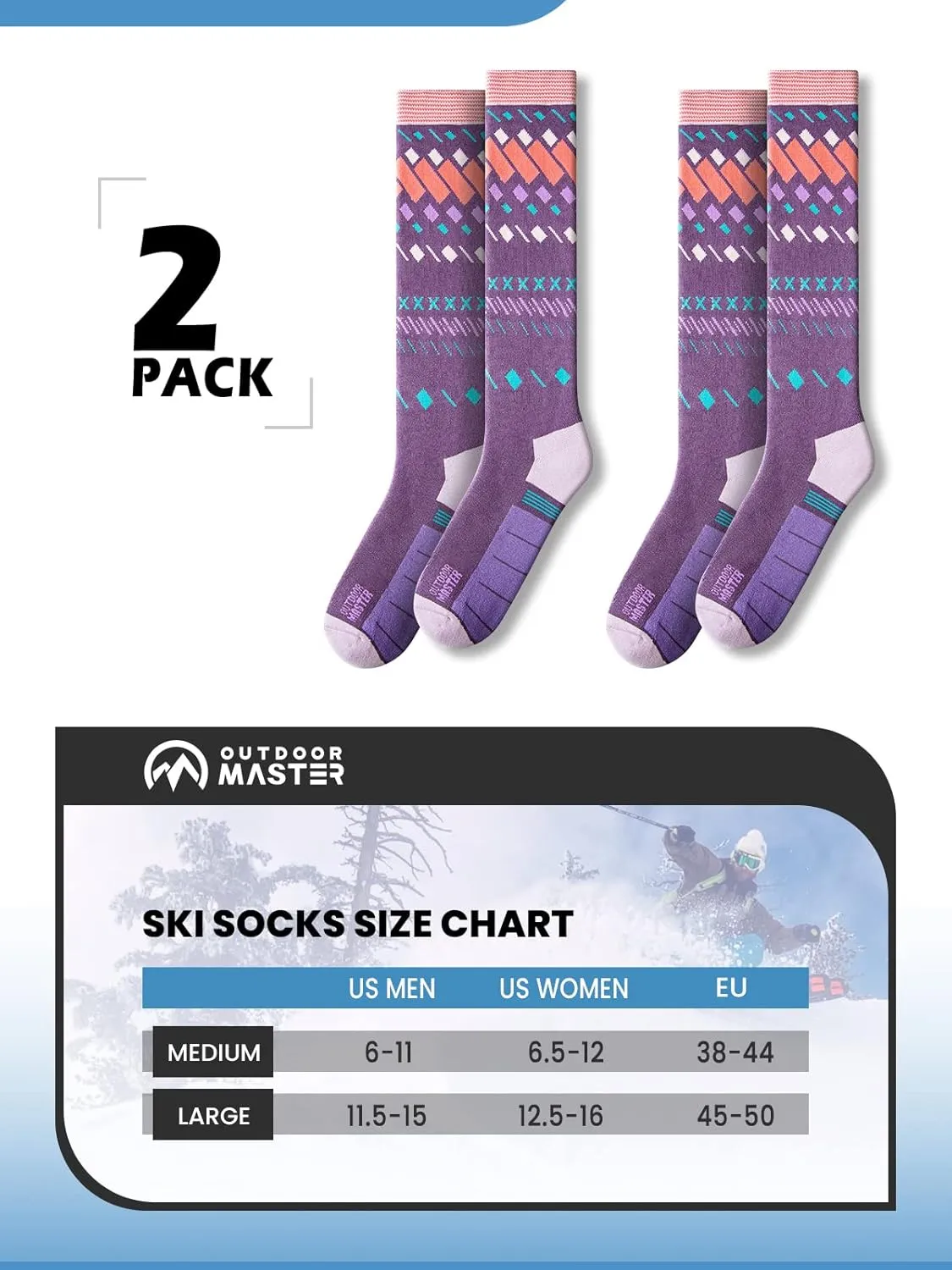 OutdoorMaster Unisex Ski Socks,Skiing and Snowboarding Socks for Men & Women with Over the Calf Design/Non-Slip Cuff