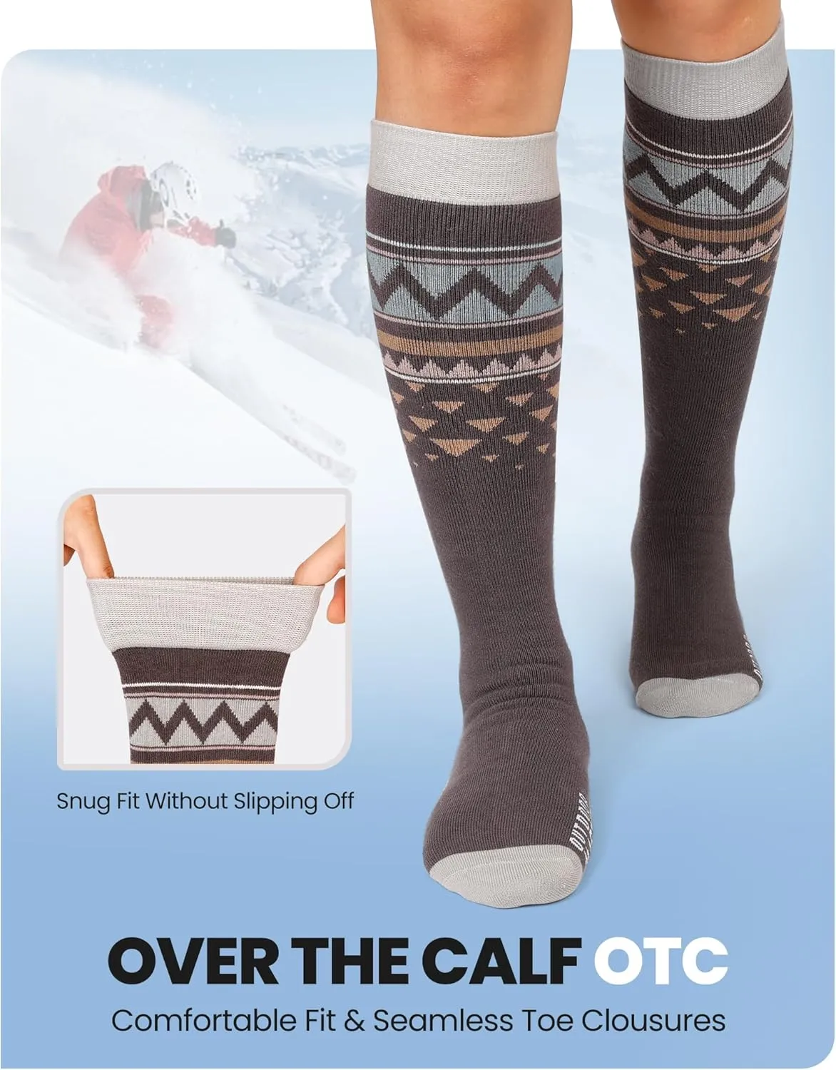 OutdoorMaster Unisex Ski Socks,Skiing and Snowboarding Socks for Men & Women with Over the Calf Design/Non-Slip Cuff