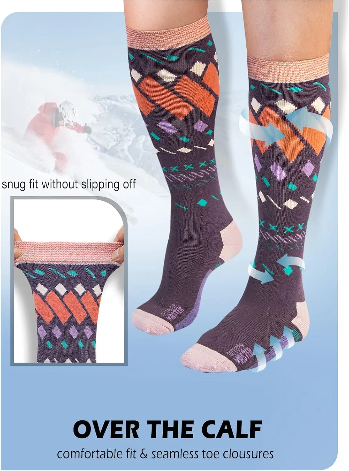 OutdoorMaster Unisex Ski Socks,Skiing and Snowboarding Socks for Men & Women with Over the Calf Design/Non-Slip Cuff