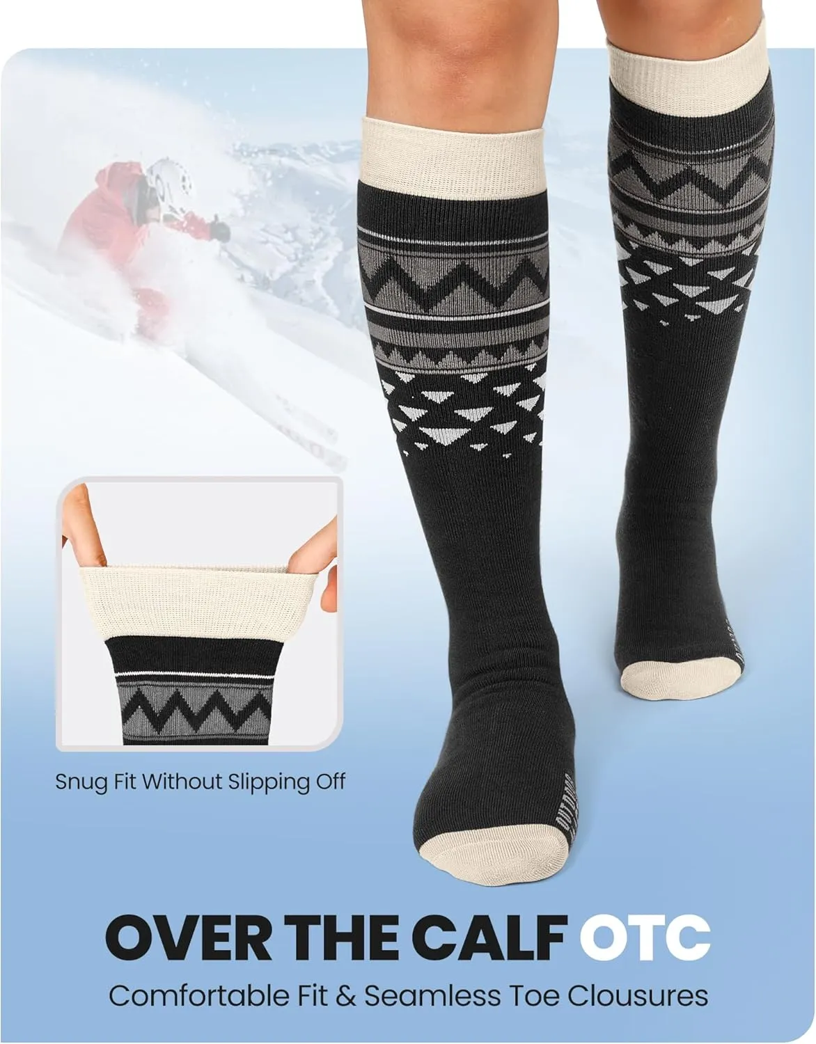 OutdoorMaster Unisex Ski Socks,Skiing and Snowboarding Socks for Men & Women with Over the Calf Design/Non-Slip Cuff
