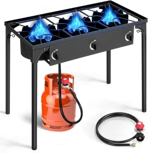 Outvita 3 Burner Propane Gas Stove for Outdoor Cooking, 225,000 BTU Camping Cooker with Removable Legs, Temperature Control Knobs for Backyard Cooking, BBQ, Baking and Frying