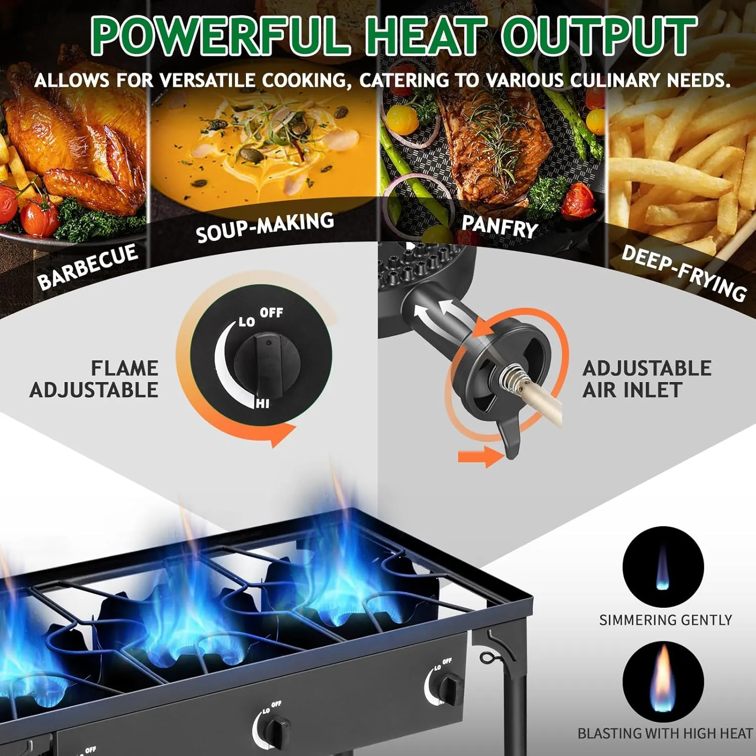 Outvita 3 Burner Propane Gas Stove for Outdoor Cooking, 225,000 BTU Camping Cooker with Removable Legs, Temperature Control Knobs for Backyard Cooking, BBQ, Baking and Frying