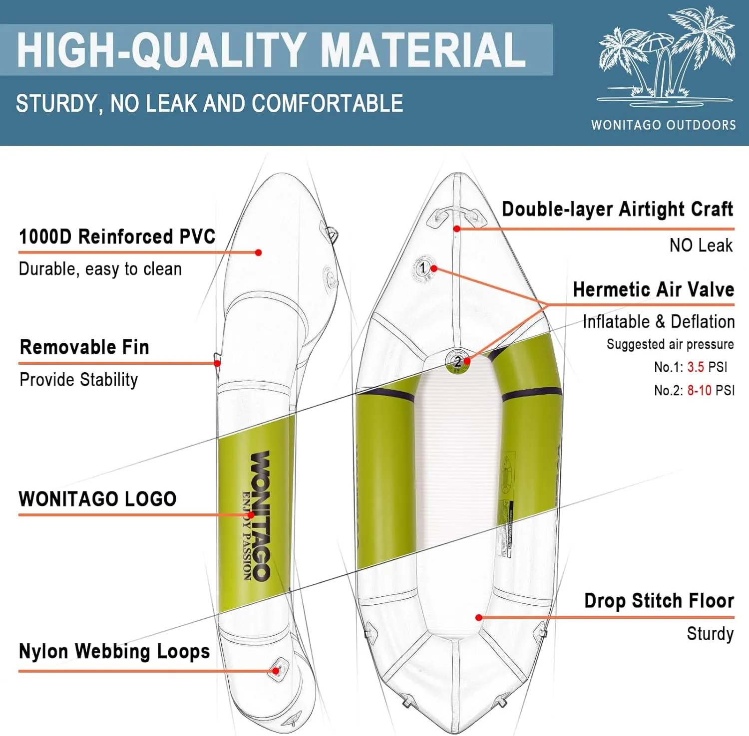 Packraft PVC Inflatable Travel Kayak Packrafts with Drop Stitch Floor for Flat Water Rafting/Bicycle Drifting/Litewater Dinghy, 1 Person, 7.7Ft