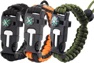 Paracord Survival Bracelet (3 Pieces), Adjustable, Practical Five Functions, Fire Starter, Loud Whistle, Reliable Compass, Rope Cutter, Reliable Paracord