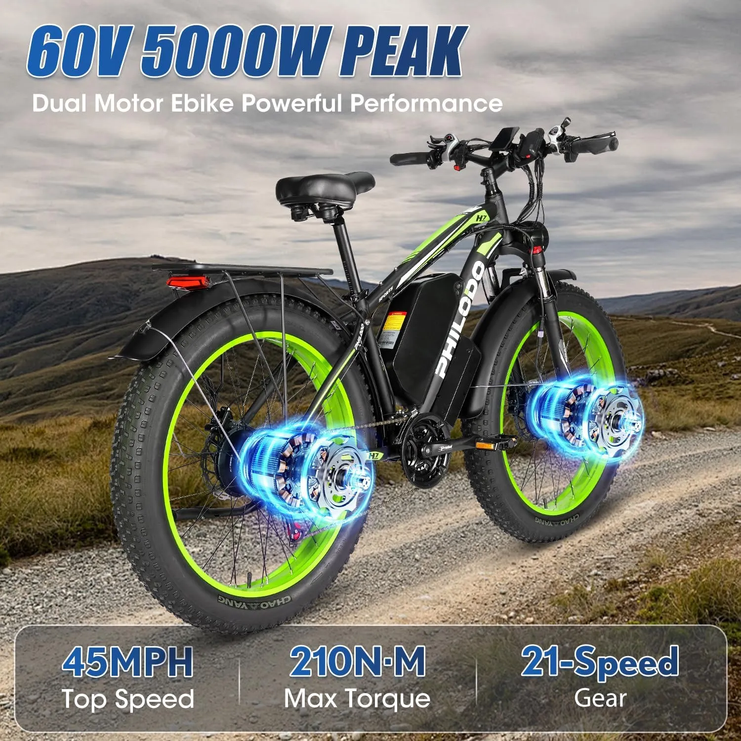 PHILODO Electric Bike for Adults, 5000W Peak 45MPH,60V 26AH E-Bike,Dual Motor Electric ebike, 26" Fat Tire Dirt Bike, UL2849 All Terrain for Mountains, Snow, Sand, Road