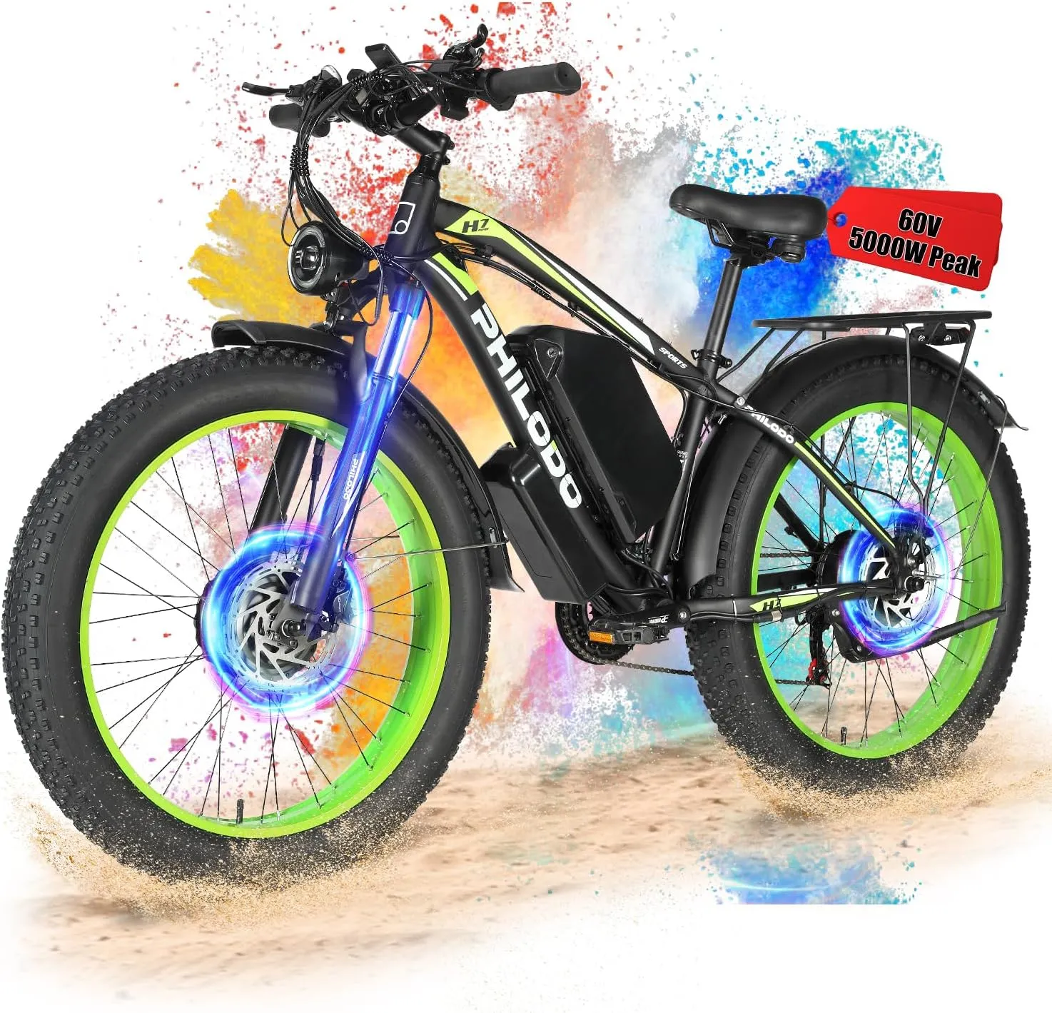PHILODO Electric Bike for Adults, 5000W Peak 45MPH,60V 26AH E-Bike,Dual Motor Electric ebike, 26" Fat Tire Dirt Bike, UL2849 All Terrain for Mountains, Snow, Sand, Road