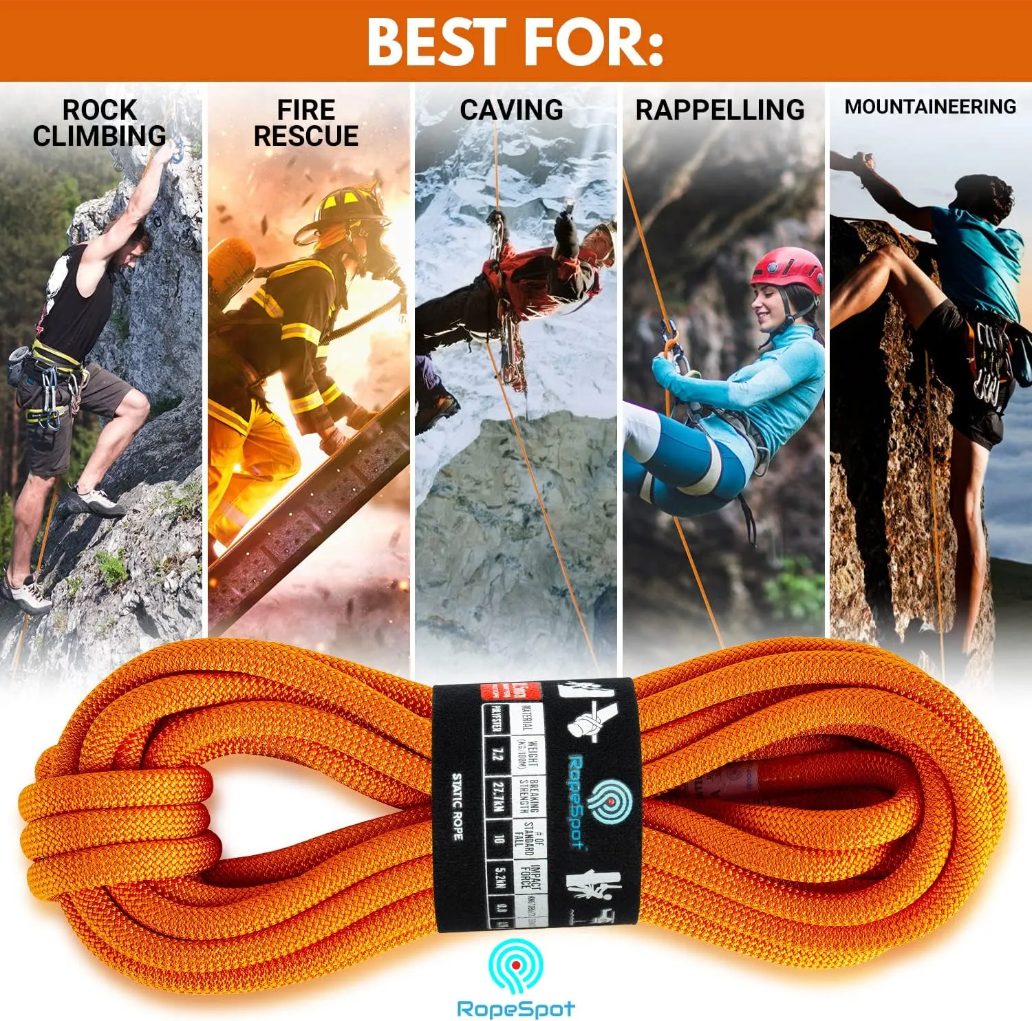 Powerful UIAA Static Rock Climbing Rope - High Strength Static Climbing Rope - Rock Mountaineering Climbing Gear - 10.5mm Rescue Rope - Heavy Duty Rope