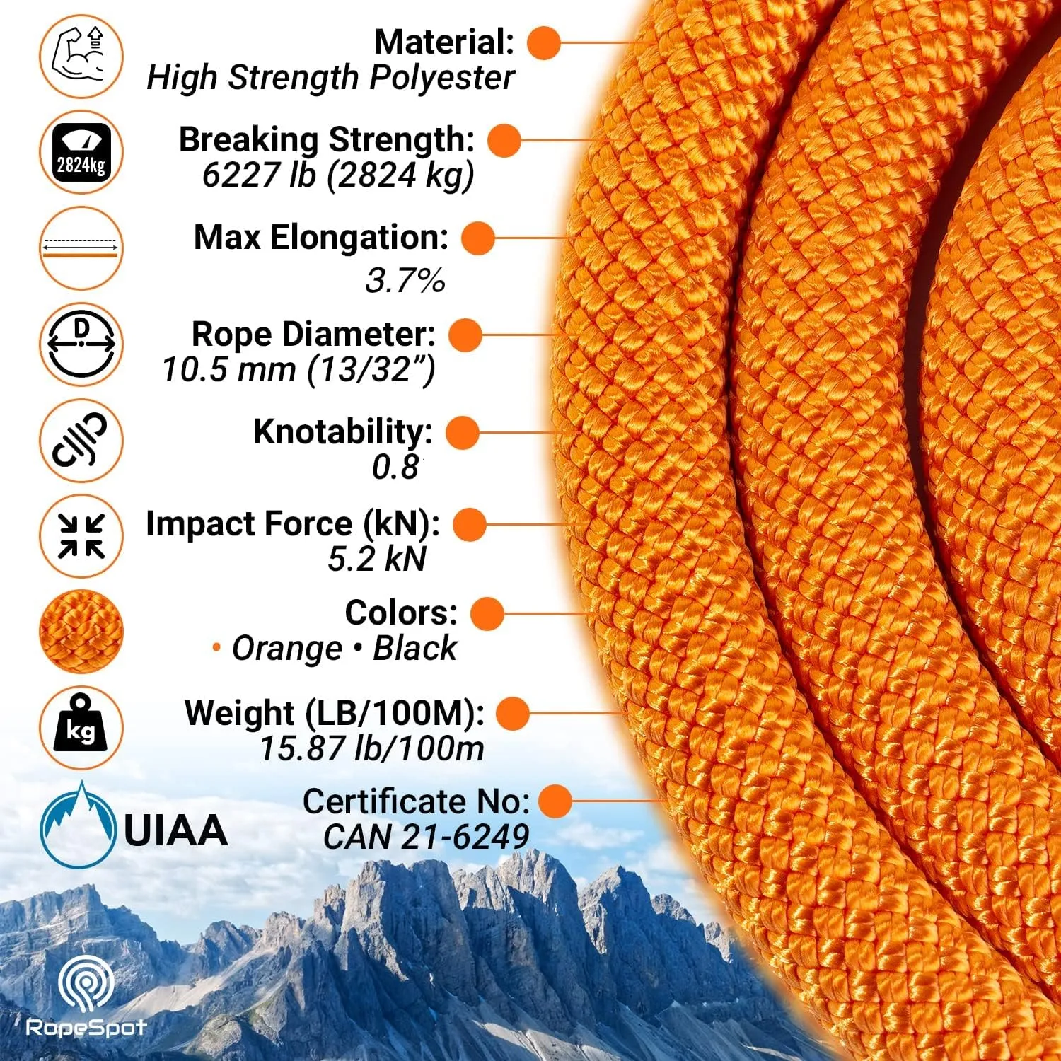 Powerful UIAA Static Rock Climbing Rope - High Strength Static Climbing Rope - Rock Mountaineering Climbing Gear - 10.5mm Rescue Rope - Heavy Duty Rope