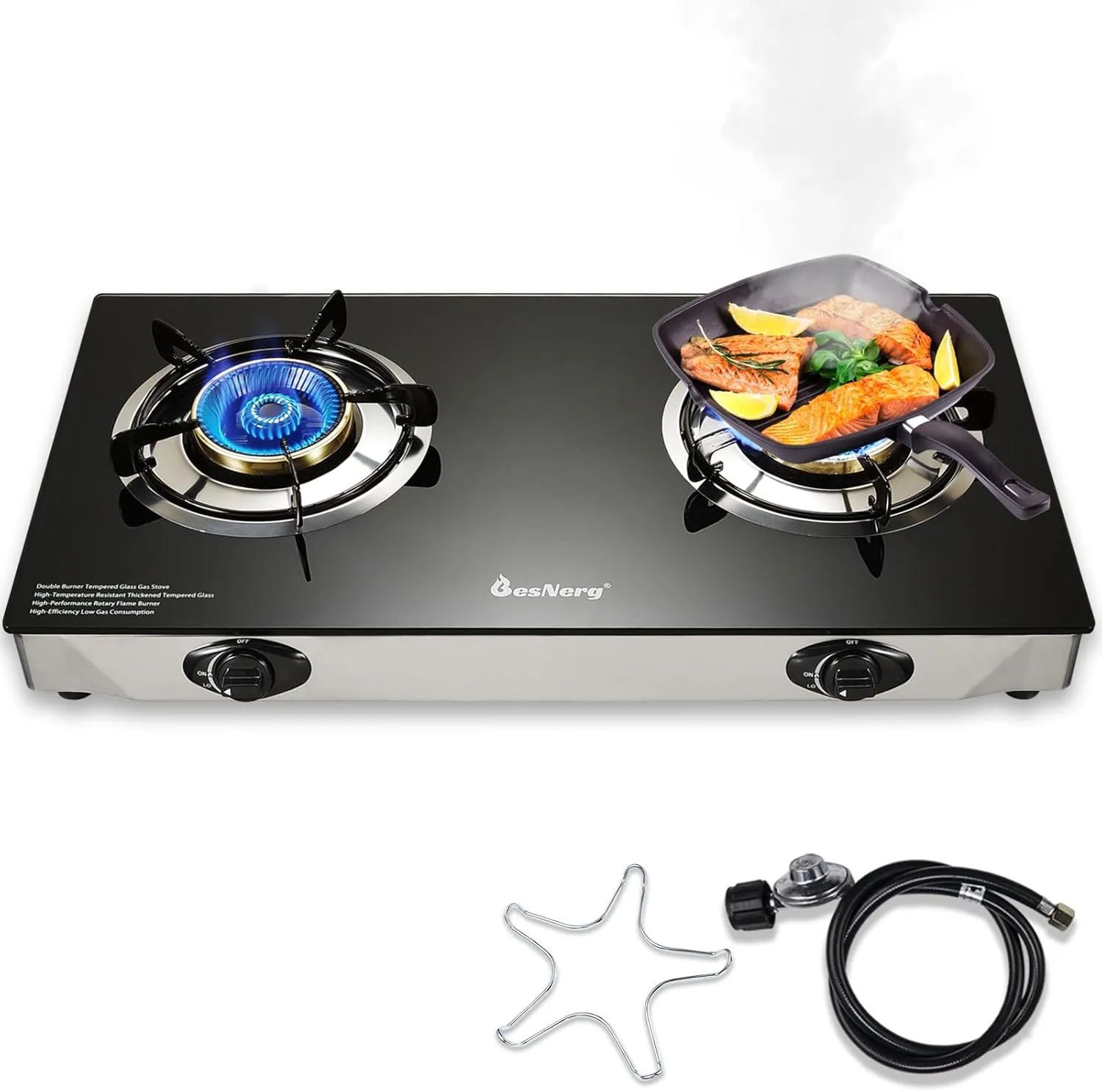 Propane Stove 2 Burner Gas Stove, 28800 BTU High-Efficiency Auto Ignition Tempered Glass LPG Cooktop with CSA Regulator and Hose  for Outdoor Camping, RV, and Emergency Cooking
