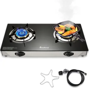 Propane Stove 2 Burner Gas Stove, 28800 BTU High-Efficiency Auto Ignition Tempered Glass LPG Cooktop with CSA Regulator and Hose  for Outdoor Camping, RV, and Emergency Cooking