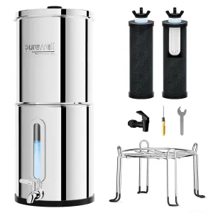 Purewell 2.25G Gravity Water Filter System with Water Level Window, 3-Stage 0.01m Ultra-Filtration Stainless Steel Countertop System with 2 Filters and Stand, Reduce 99% Chlorine, PW-KS