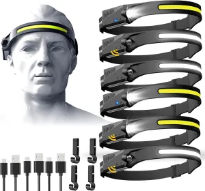 Rechargeable Headlamp 6 PCS, 230Beam Headlamp for Adults, 6 Mode Camping Headlamp & Spotlight, Motion Sensor, Lightweight Headlights Flashlight