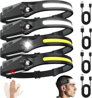 Rechargeable Headlamps with Motion Sensor 4pcs, 230 Wide Beam LED Head lamp Rechargeable Battery Powered, Bright Forehead Adjustable Headlight for Adults with 5 Modes, USB C, Waterproof for Camping