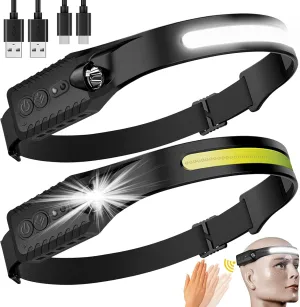 Rechargeable LED Headlamp 2 Packs,COB230 Headlamps, 5 Modes of Lightweight Headlamp with Motion Sensors, Type-C USB Charging Headlamps,Suitable for Night Running,Fishing, Cycling, Camping