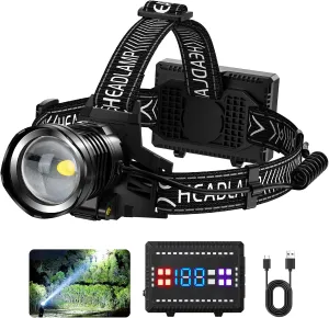 Rechargeable LED Headlamp 990000 High Lumens, 8 Modes Super Bright Head Lamp with Digital Display, 45 Hours Long Battery Life & IPX7 Waterproof Head Light for Outdoor, Camping