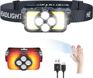 Rechargeable LED Headlamp Flashlight,6 Modes Motion Sensor Head Lamp with White Red Light,2500 Lumens Super Birght Headlight,Waterproof Lightweight Headlights for Outdoor Camping Fishing
