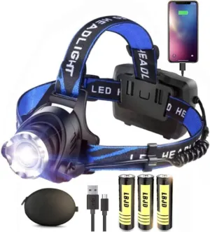 Rechargeable LED Headlamp, USB Input and Output, Super Bright, 3Pcs Battery, 15 Hours Runtime, Perfect for Camping, Fishing, Running, Biking