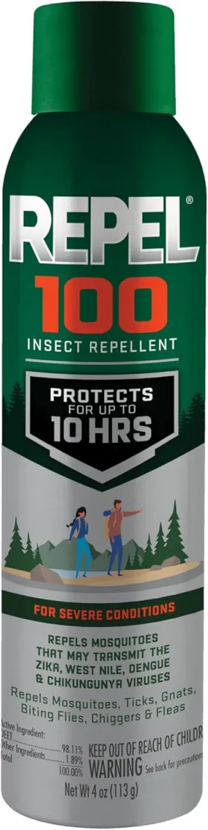 Repel 100 Insect Repellent, 4 Ounces, 98% DEET 10-Hour Protection Lon-Lasting Insect Repellent Aerosol Spray Repels Mosquitoes, Ticks, Gnats, Biting Flies, Chiggers And Fleas