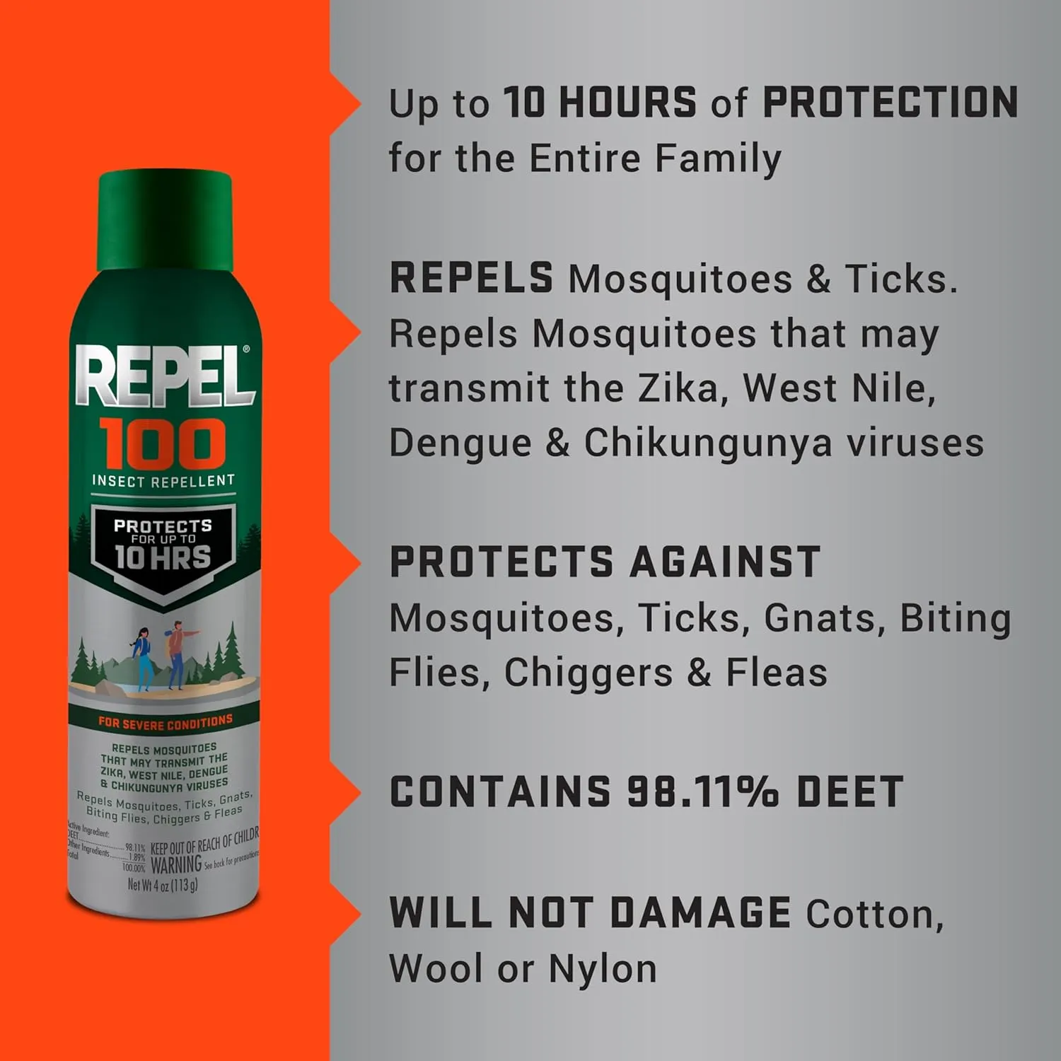 Repel 100 Insect Repellent, 4 Ounces, 98% DEET 10-Hour Protection Lon-Lasting Insect Repellent Aerosol Spray Repels Mosquitoes, Ticks, Gnats, Biting Flies, Chiggers And Fleas