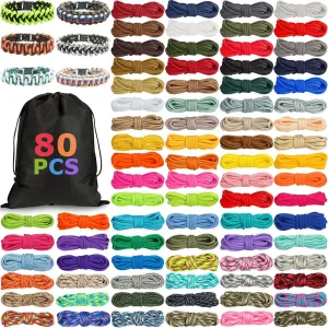 Riakrum 80 Pcs Paracord 550 10 Feet Paracord Cord Parachute Ropes Multifunction Bracelets Making Kit with Drawstring Bag for DIY Making Lanyard Dog Collar Gift Crafting