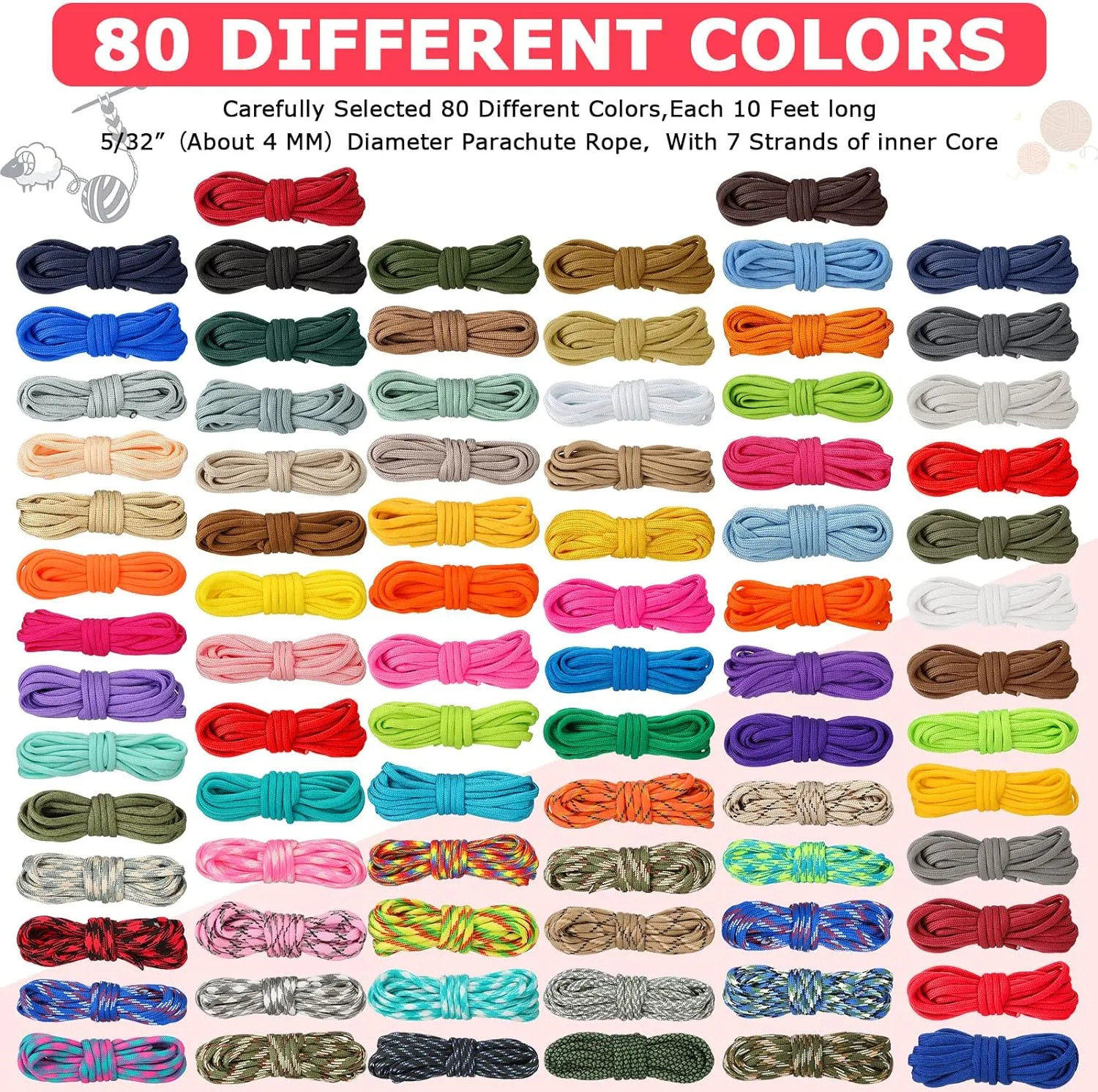Riakrum 80 Pcs Paracord 550 10 Feet Paracord Cord Parachute Ropes Multifunction Bracelets Making Kit with Drawstring Bag for DIY Making Lanyard Dog Collar Gift Crafting