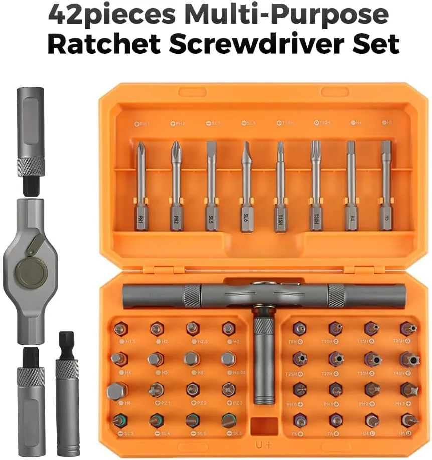 Screwdriver kit 42 in 1 aluminum alloy material, ratchet magnetic, DIY combination flexible shaft, suitable for furniture assembly, electrical repair, bicycle tools, Orange