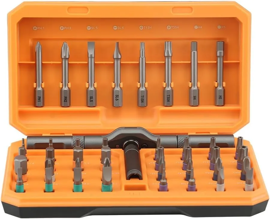 Screwdriver kit 42 in 1 aluminum alloy material, ratchet magnetic, DIY combination flexible shaft, suitable for furniture assembly, electrical repair, bicycle tools, Orange