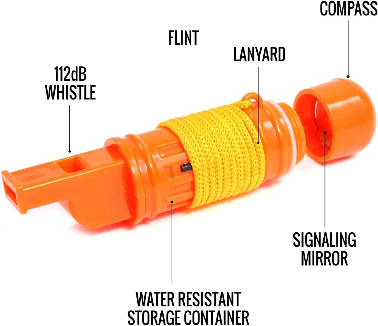 SE 5-in-1 Orange Survival Whistle with Compass, Signaling Mirror, Lanyard, and Fire Starter - 112dB, 4.5-Inch Length - Ideal for Hiking, Camping, Emergencies (2-Pack) - CCH5