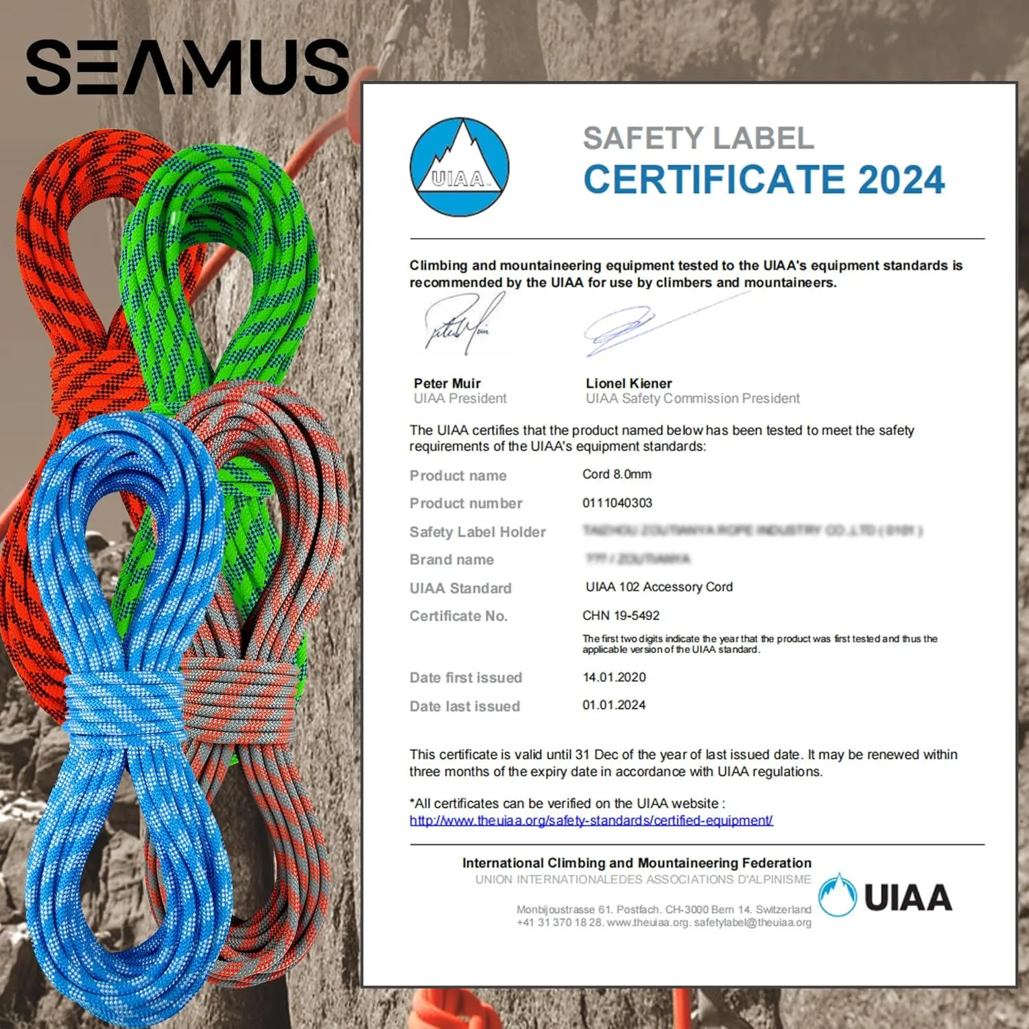 SEAMUS 8mm Prusik Accessory Cord 6M (20ft) UIAA Rock Climbing Rope 14Kn High Tensile Strength Rock Climbing Accessories Cord Double Braid Nylon Cord for Mountain Tree Climbing,Fire Rescue